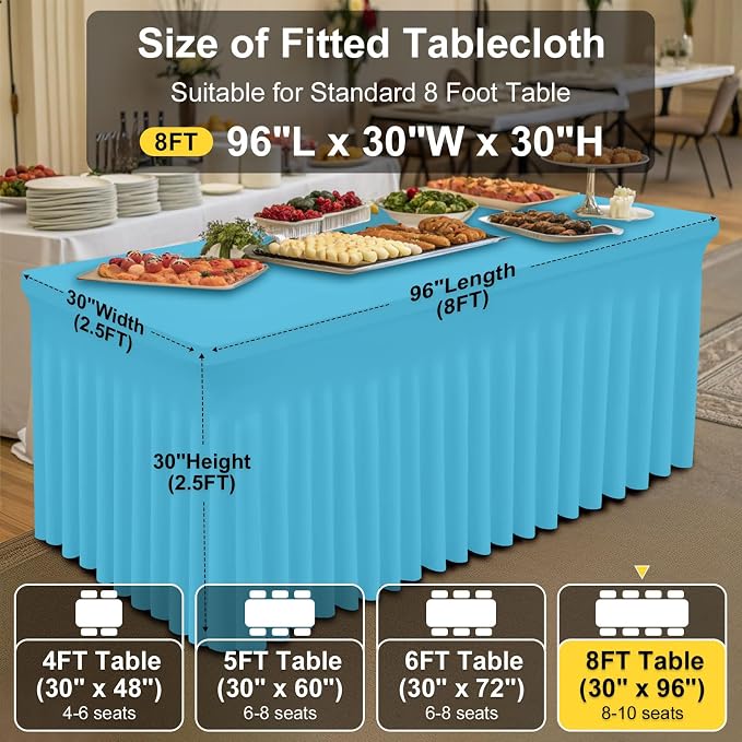 Smiry Spandex Elastic Fitted Table Cloth Skirt for 8FT Rectangle Table | Stretch Washable Table Cloth, Banquet Table Cover for Wedding, Party, Indoor & Trade Shows, (Blue Mist, 96Lx30Wx30H)