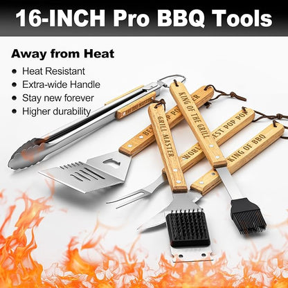 Poppop Gifts from Grandkids Fathers Day, Pop Pop Grilling Gift Heavy Duty Wooden BBQ Grilling Accessories Kit, Thick Stainless Steel Grill Utensils with Non-Slip Handle Tools in Portable Bag