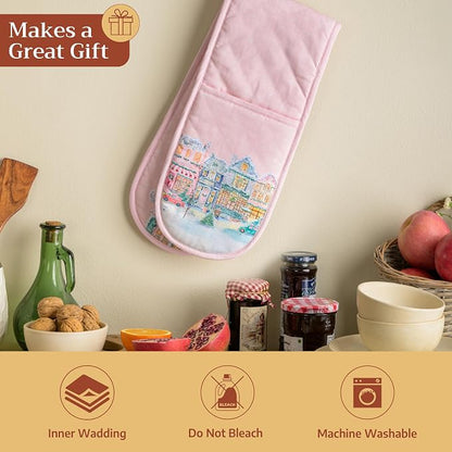 Maison d' Hermine Double Oven Mitts 100% Cotton Double Oven Glove (7"x35") | Heat Resistant BBQ Cooking Gloves with Loop Baking Kitchen Home Farmhouse Thanksgiving Christmas - Christmas Market - Pink