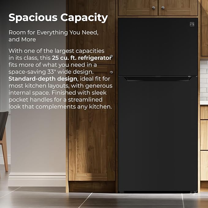 Kenmore 25 cu. ft. 33" Wide Top Mount Refrigerator - Black | Adjustable Glass Shelving, Humidity-Controlled Crispers, Gallon Door Bins, LED Lighting, ENERGY STAR Certified