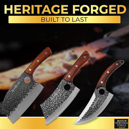 SliceElite Heritage Forge 3 Piece Butcher Knife Set Serbian Chef Meat Cleaver Viking Knife High Carbon Stainless Steel Full Tang Sandalwood Handle BBQ Grilling Camping Cooking Gift Set For Men & Women