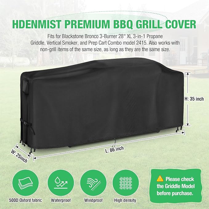 Grill Cover for Blackstone Bronco 28" XL Griddle 2415 | Heavy Duty Waterproof Outdoor griddle cover 85 Inch for 3 Burner Vertical Pellet Smoker Combo 2415-86"L x 25"W x 35"H(Black)
