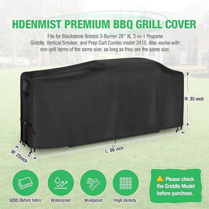 Grill Cover for Blackstone Bronco 28" XL Griddle 2415 | Heavy Duty Waterproof Outdoor griddle cover 85 Inch for 3 Burner Vertical Pellet Smoker Combo 2415-86"L x 25"W x 35"H(Black)