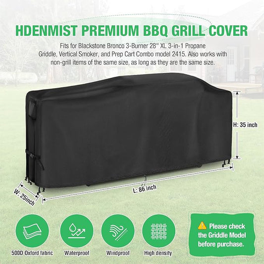 Grill Cover for Blackstone Bronco 28" XL Griddle 2415 | Heavy Duty Waterproof Outdoor griddle cover 85 Inch for 3 Burner Vertical Pellet Smoker Combo 2415-86"L x 25"W x 35"H(Black)