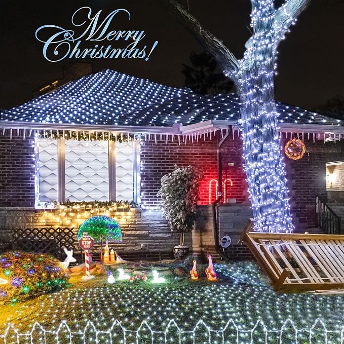 JMEXSUSS 360 LED Christmas Net Lights, White, 12ft x 5ft | Outdoor Waterproof, Connectable, Plug in, Mesh Lights with Remote for Bushes Shrubs Christmas Decorations
