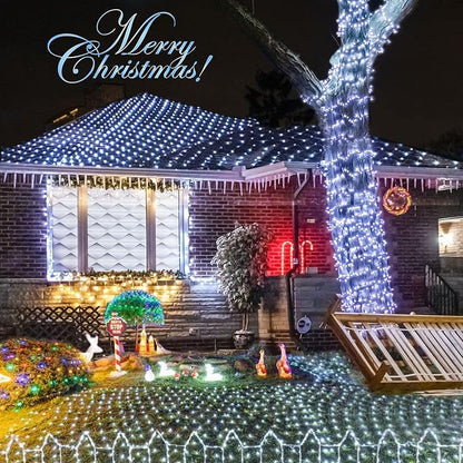 JMEXSUSS 360 LED Christmas Net Lights, White, 12ft x 5ft | Outdoor Waterproof, Connectable, Plug in, Mesh Lights with Remote for Bushes Shrubs Christmas Decorations