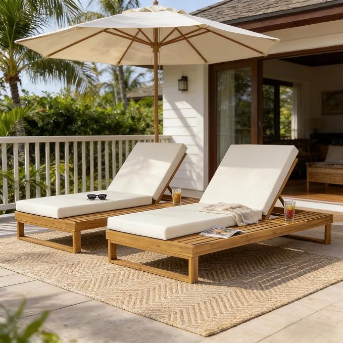 Merax 2-Piece Teak Finish Acacia Wood Chaise Lounge with 4-Inch Cream 2-Fold Cushion Set, 4-Position Adjustable Outdoor Patio Lounger with Flat Side Surface, for Poolside