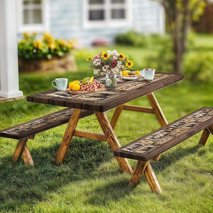 Picnic Table Cover with Bench Covers Elastic Edges, Cabin Camper Rustic Fitted Table Cover, Outdoor Patio Camping Essentials 3PCS, Waterproof Camping Tablecloth with Drawstring Bag 72 in