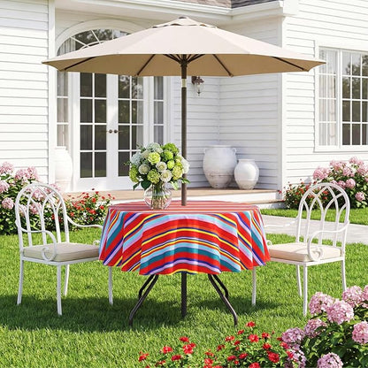 SquarePie Round Outdoor Tablecloth with Umbrella Hole - 70 Inch Water Resistant & Spillproof Table Cloth,Zippered Patio Picnic Table Cover for Spring/Summer/Camping/Picnic/BBQs/Backyard,Color Stripe
