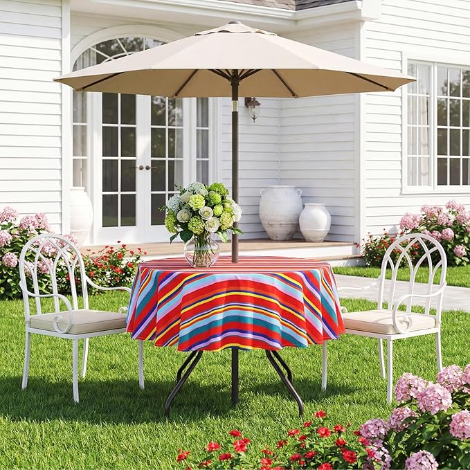 SquarePie Round Outdoor Tablecloth with Umbrella Hole and Zipper Patio Waterproof Table Cloth Cover for Camping Picnic BBQs Backyard,60 Inch Color Stripe