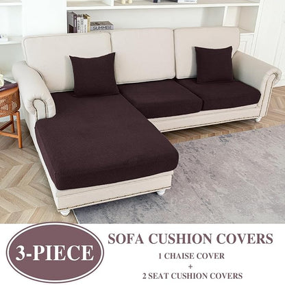 LA MEACK Couch Cushion Covers for Sectional Sofa L Shape Washable Separate Seat Chaise Couch Cover Stretch Sofa Slipcovers with 2 Pcs Pillowcases(2 Seater + 1 Chaise, Brown)