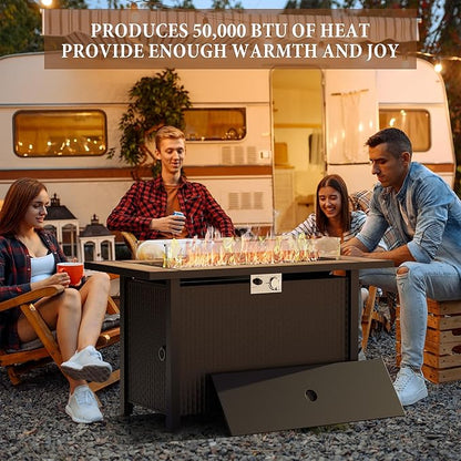 45 inch Propane Fire Pit Table, 50,000 BTU Outdoor Gas Fire Pit Table with Lid, Glass Wind Guard, Waterproof Cover, Rectangle Gas Firepit Table for Garden/Patio(Walunt)