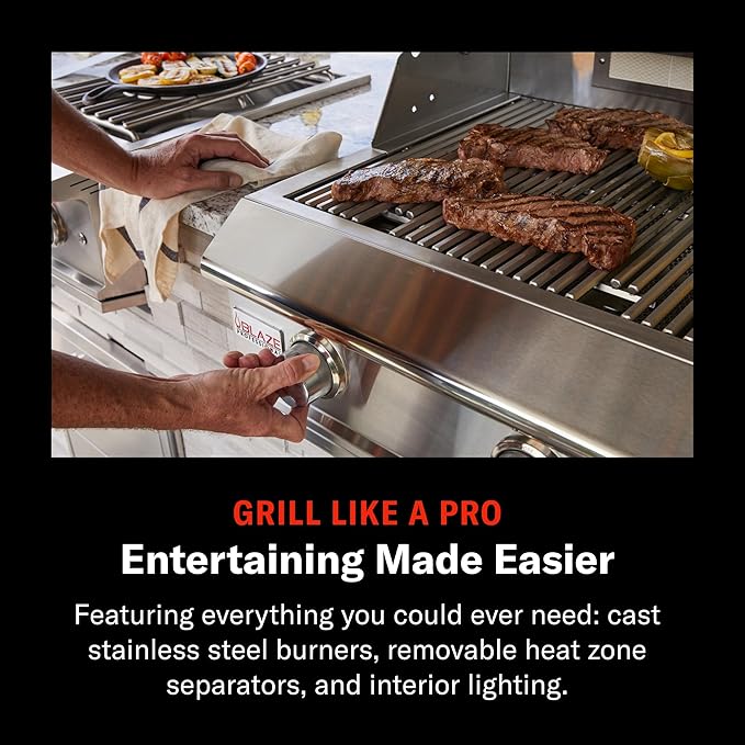 Blaze Outdoor Grill | 44-inch Stainless Steel Natural Gas BBQ | Built-In 4 Burner Barbecue | Rotisserie | Rear Infrared Burner & LED Lights | BLZ-4PRO-NG