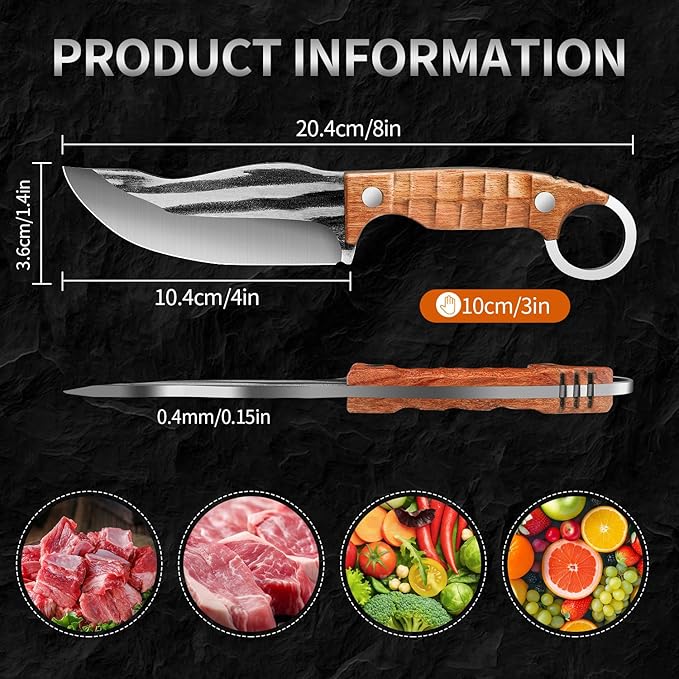 Plys Full-Tang Fixed Blade Knife - 3.9" Durable Outdoor Survival Knife with 4mm Thick Blade, Ergonomic Rosewood Handle, PU Leather Sheath, Ideal for Camping, BBQ, Hiking, and Kitchen Use