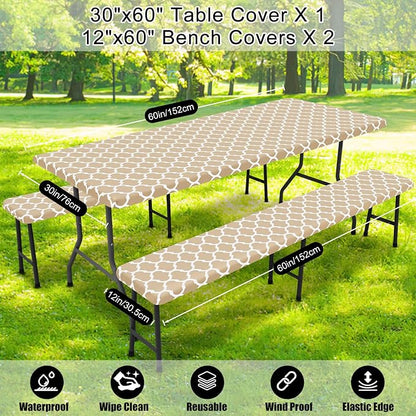 Smiry Picnic Table Cover with Bench Covers, Waterproof Elastic Fitted Tablecloth for 5 Foot Tables, Washable Polyester Tablecloths for Camping, Indoor & Outdoor (Khaki, 30x60 Inch 3-pc Set)