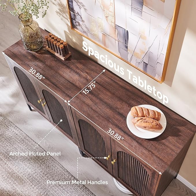 IFBUY Modern Sideboard Buffet Cabinet, 61.75" W Fluted Arched Buffet Cabinet with Storage and Adjustable Shelves, Wooden Modular Coffee Bar Cabinets for Kitchen, Entryway, Brown