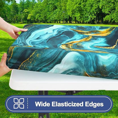 Smiry Picnic Table Cover with Bench Covers, Waterproof Elastic Fitted Tablecloth for 5 Foot Tables, Washable Polyester Tablecloths for Camping, Indoor & Outdoor (Teal & Gold, 30x60 Inch 3-pc Set)