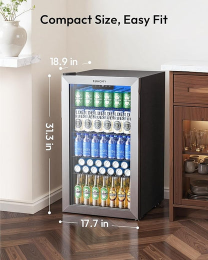 EUHOMY Mini Fridge 130 Can Beverage Refrigerator Cooler Glass Door for Soda Wine Beer, Beverage Cooler for Home, Bar, Office with Digital Temperature Control Adjustable Shelves, 3.2 Cu.Ft, Silver