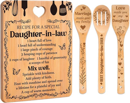 Gifts for Daughter in Law - "Recipe for a Special Daughter-in-Law" Daughter in Law Birthday Gifts Cutting Board Set, Bamboo-Made Engraved Utensil Set Mothers Day Gifts for Daughter in Law