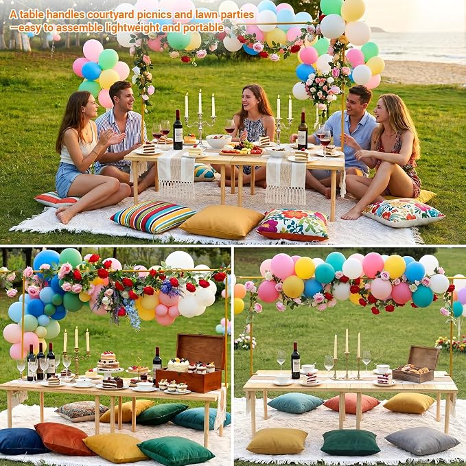60"x30" Portable Boho Wooden Low Folding Picnic Table for Indoor Outdoor | Comes with Table Runner, Stable 8-leg Support & Thickened Structure, Thick Painted Tabletop Easy to Wipe, Fits 4-6 People