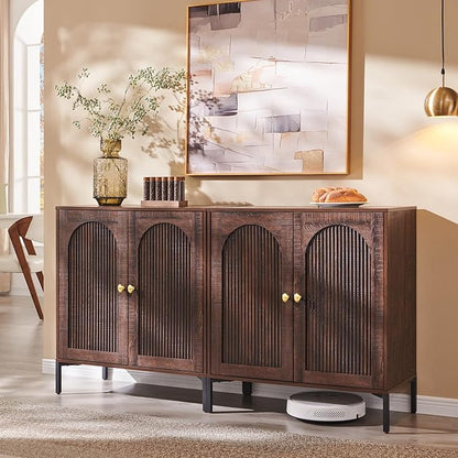 IFBUY Modern Sideboard Buffet Cabinet, 61.75" W Fluted Arched Buffet Cabinet with Storage and Adjustable Shelves, Wooden Modular Coffee Bar Cabinets for Kitchen, Entryway, Brown