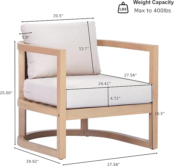 Merax Outdoor Acacia Wood Club Chair wtih Cushions, Patio Sofa Armchair with Rattan-Woven Back, Sturdy Base for Porch, Lawn, Backyard, Balcony, Light Teak