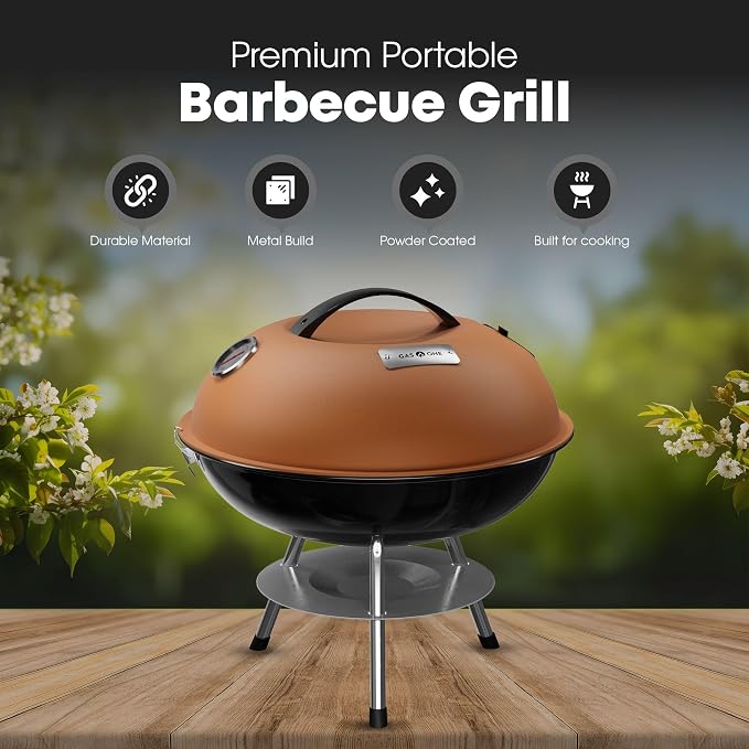 GasOne 14-inch Portable Charcoal Barbecue Grill with Thermometer Lux Brown | 3-Point Locking Lid for Heat Preservation – Dual Venting System – Small Charcoal Grill for Backyard, Camping, Boat