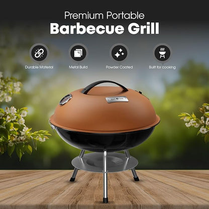 GasOne 14-inch Portable Charcoal Barbecue Grill with Thermometer Lux Brown | 3-Point Locking Lid for Heat Preservation – Dual Venting System – Small Charcoal Grill for Backyard, Camping, Boat