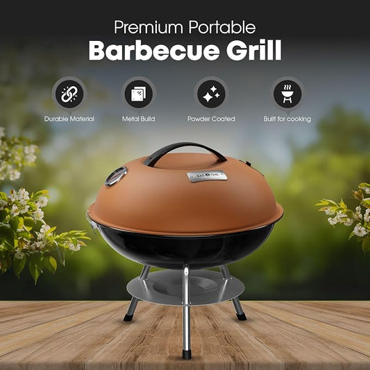 GasOne 14-inch Portable Charcoal Barbecue Grill with Thermometer Lux Brown | 3-Point Locking Lid for Heat Preservation – Dual Venting System – Small Charcoal Grill for Backyard, Camping, Boat