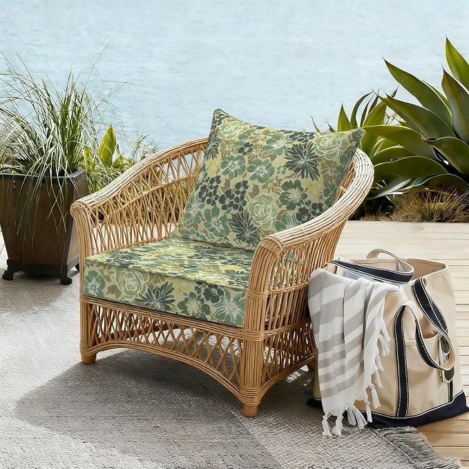 DYTXIII Outdoor Deep Seat Cushion Set, Water Repellent 22"x22" Patio Thick Cushions Replacement with Seat & Back Pillow for Patio Sofa, Wicker Chair, Couch - Green Rose