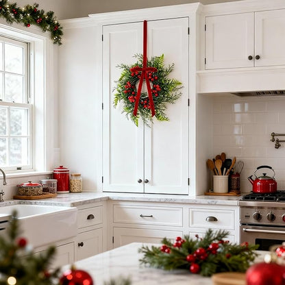 Suncalla 4 Pcs 11 Inch Mini Christmas Cabinet Wreath for Kitchen Christmas Berry Hanging Cabinet Wreath Decor with Red Bow Artificial Pine Candle Ring for Xmas Door Fireplaces Table Centerpiece
