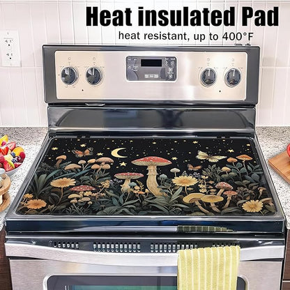 Mystery Mushroom Glass Top Stove Cover Protector,Starry Sky Night Heat Resistant Stove Top Cover, Large Size Range Covers for Electric Stove Countertop Mat, 28 x 20 Inch