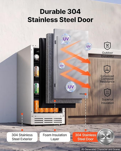 VEVOR Outdoor Beverage Refrigerator, 15 Inch Undercounter Drink Fridge | 304 Stainless Steel Body, 3.0 Cu. Ft, Hold 94 Cans, Powerful Cooling System, Built-in / Freestand Cooler, Home Bar & Patio
