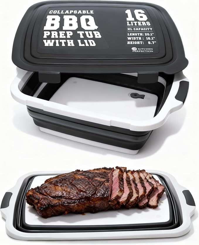 Collapsible XL Smoker & BBQ Prep Tub with Locking Lid | Includes Cutting Board, Meat Marinade & Brine Container For Turkey, Brisket & Ribs - Best Grill Accessories Gifts For Men
