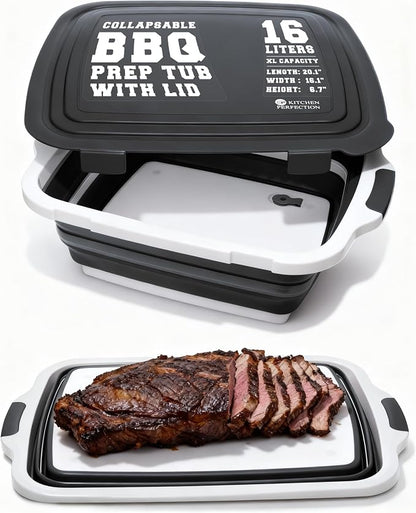 Collapsible XL Smoker & BBQ Prep Tub with Locking Lid | Includes Cutting Board, Meat Marinade & Brine Container For Turkey, Brisket & Ribs - Best Grill Accessories Gifts For Men