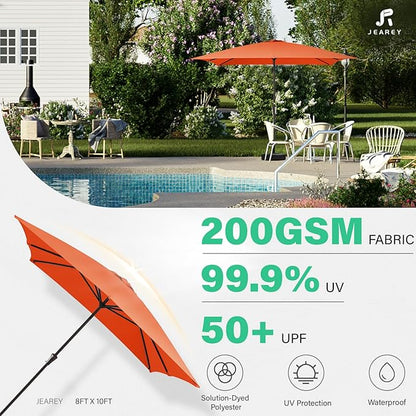 JEAREY 8x10 ft Rectangular Patio Umbrellas Outdoor Table Market Umbrella w/Crank, 8 Sturdy Ribs, UV Protection Windproof Sunproof for Garden, Deck, Backyard, Pool(Orange)
