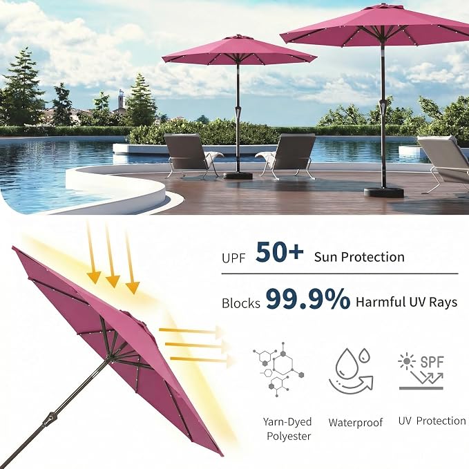 10FT Solar Umbrella 32 LED Lighted Patio Umbrella Table Market Umbrella w/Tilt and Crank, UV-Resistant Outdoor Umbrella for Pool, Garden, Deck, Rose Pink