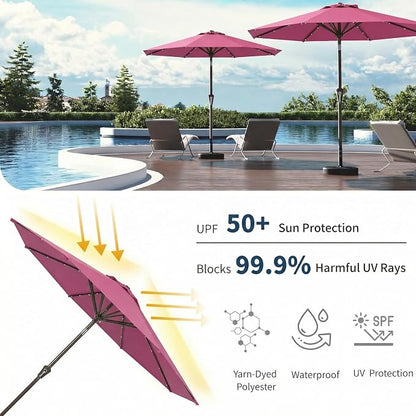 10FT Solar Umbrella 32 LED Lighted Patio Umbrella Table Market Umbrella w/Tilt and Crank, UV-Resistant Outdoor Umbrella for Pool, Garden, Deck, Rose Pink