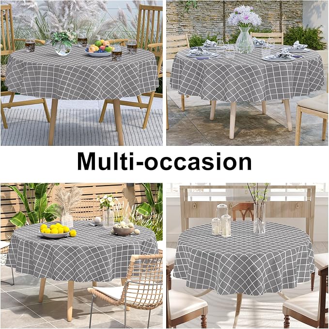 Round Table Cloth, Wipeable Plastic Plaid Tablecloths, Waterproof Vinyl Table Cover with Flannel Backing for Dining, Picnic, Indoor and Outdoor (60" Round, Grey)