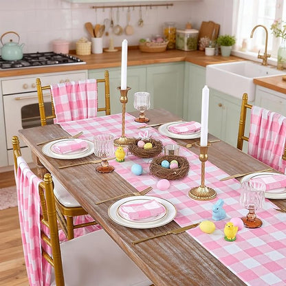 B-COOL Plaid Table Runner Pink Checkered Fabric Cover 13x108 Inch 4 Packs Table Cloths Centerpieces Valentines Party Picnic Decorative Gingham Rectangle Pink and White Easter Linen Decorations
