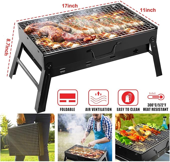 KOCASO Portable Charcoal Grill Foldable - Lightweight BBQ Smoker Grill for Camping, Tailgating, Picnics & Outdoor Grilling, Compact Design with Removable Ash Catcher