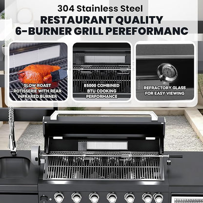 94-Inch 6-Burner 85000 BTU Propane Gas Grill Island with Shed, 304 Stainless Steel Black, Outdoor Kitchen with Wine Cooler, Rotisserie, Granite Countertops & Storage, For Backyard BBQ, Black