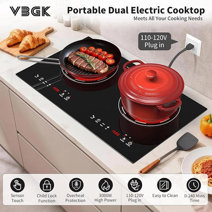 VBGK Electric Cooktop,24 Inch Electric Stove Top 110V 3000W with LED touch Control,8 Power Levels, Kids Lock & 4H Timer,Overheat Protection stove,2 burner cooktop