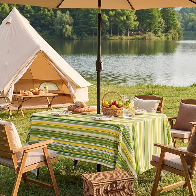 Poise3EHome 60X84 Outdoor/Indoor Waterproof Spillproof Rectangle Tablecloth with Umbrella Hole for Camping, Picnic, Party, Patio Table, Spring, Green Stripe