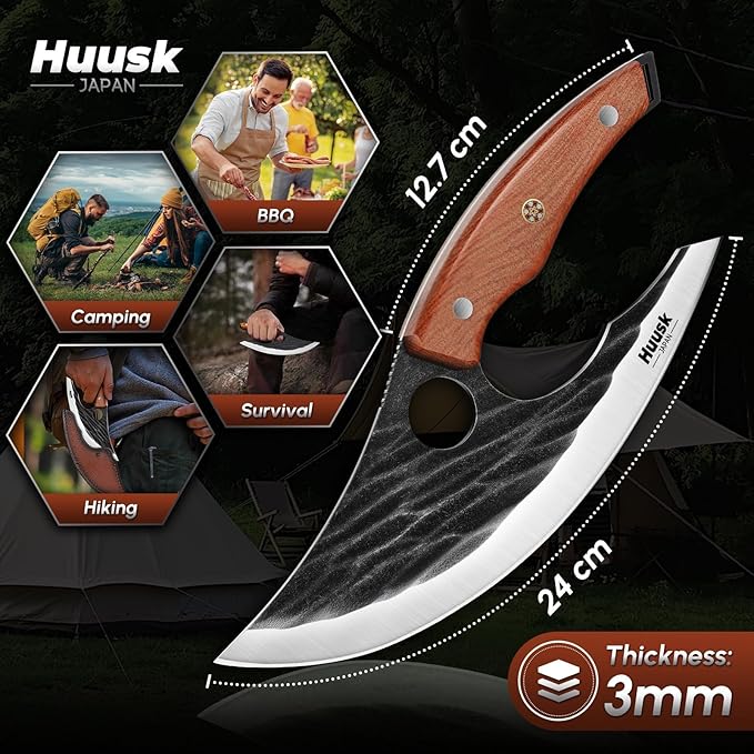 Huusk Japan Ulu Knife with Sheath - Christmas Gift for Men and Women - Hand Forged Caveman Ultimo Knife with Full Tang Wooden Handle - BBQ Knives for Vegetables, Fruit, Pizza - Gifts for Men and Women