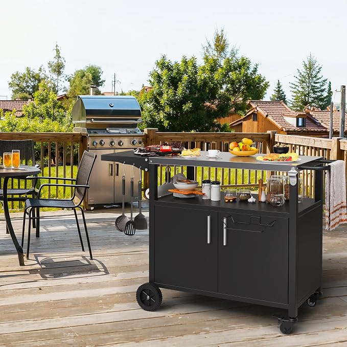Shintenchi Outdoor Grill Cart Table with Stainless Steel Top for Kitchen Prep & BBQ, Outdoor Kitchen Island Table with Side Handle, Multifunctional Outdoor Grill Table, Black