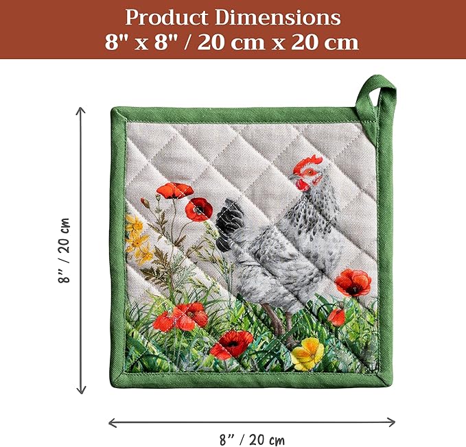 Maison d' Hermine Pot Holders 100% Cotton Heat Resistant Potholders 8" x 8" Hot Pads with Loop BBQ Cooking Baking Hotel Farmhouse Kitchen Handling Hot Pans Spring Summer (Pack of 2, Basse Cour)