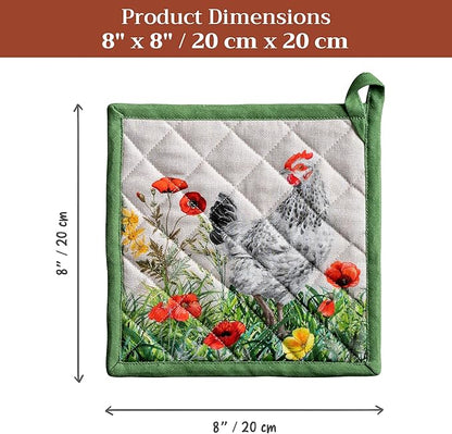 Maison d' Hermine Pot Holders 100% Cotton Heat Resistant Potholders 8" x 8" Hot Pads with Loop BBQ Cooking Baking Hotel Farmhouse Kitchen Handling Hot Pans Spring Summer (Pack of 2, Basse Cour)