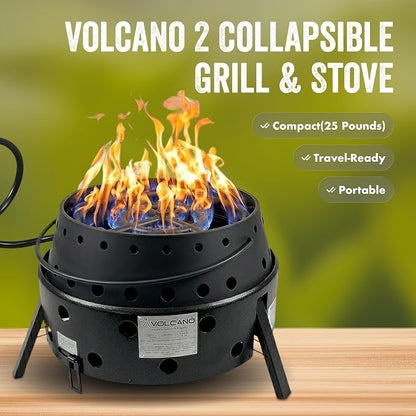 Volcano 2 Collapsible Grill Bundle, Portable Charcoal/Wood Grill Stove with Burner Ring Accessory, Folding Steel Camp Cooker, Carry Case Included for Camping, Tailgating & Outdoor Cooking