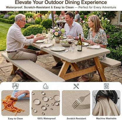 Picnic Table Cover with Bench Covers Windproof Waterproof Picnic Table Covers Camping Tablecloth with Self-Storage Bag, 72in, Light Brown